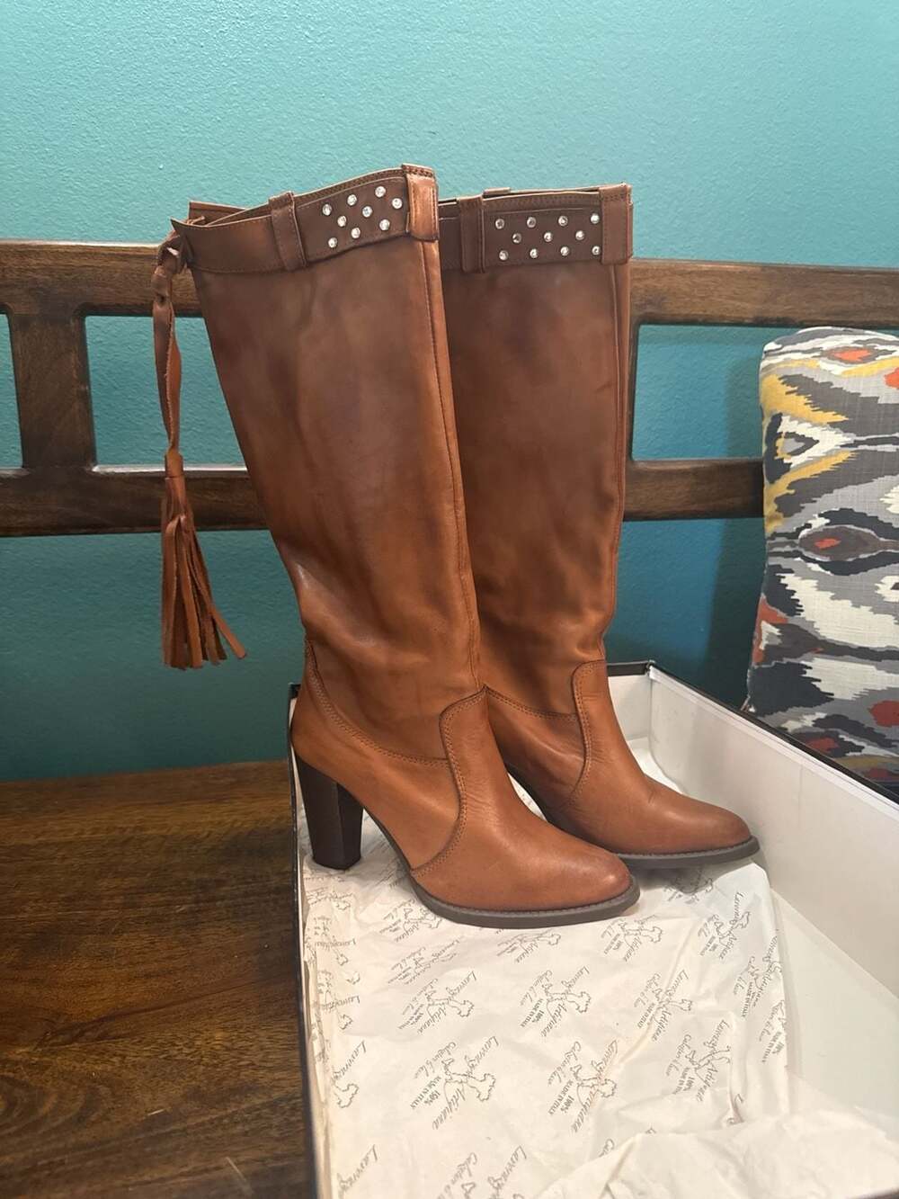 G.K. Mayer Handcrafted Cuoio Vitello Leather Tassel Studded Tall Boots Size 39